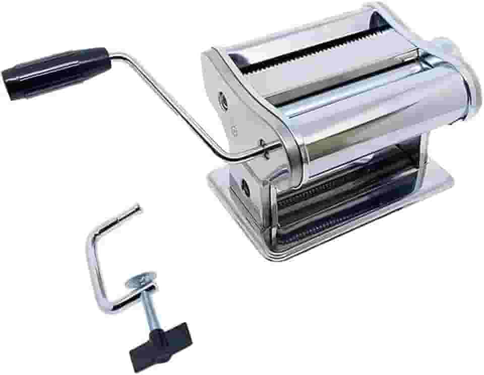 Máquina de Macarrão Manual com Cilindro de Aço Inox, para Massa Caseira e Espaguete, com Manivela e Fixador de Mesa