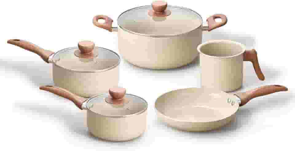 Oikos - Jogo com 5 Panelas Antiaderentes de Revestimento Cerâmica com Tampa de Vidro Terrara Bege com 5 Camadas para Fogão a Gás, Elétricos, Cerâmicos e Halogênio