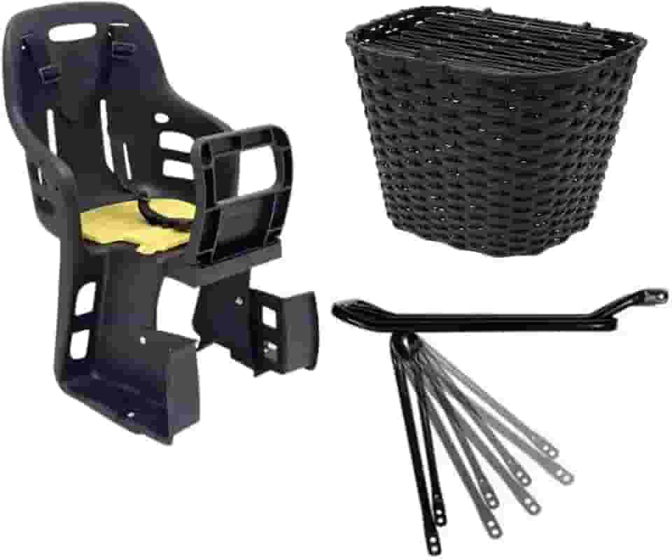 Kit Cadeirinha Infantil Traseira Bicicleta Bike + Bagageiro Garupa Suporte Articulado + Cesta C Tampa Grande Nylon Preta