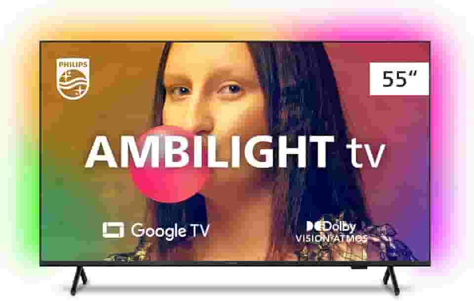 Smart TV Philips Ambilight 55" 4K 55PUG7908/78, Google TV, Comando de Voz, Dolby Vision/Atmos, VRR/ALLM, Bluetooth