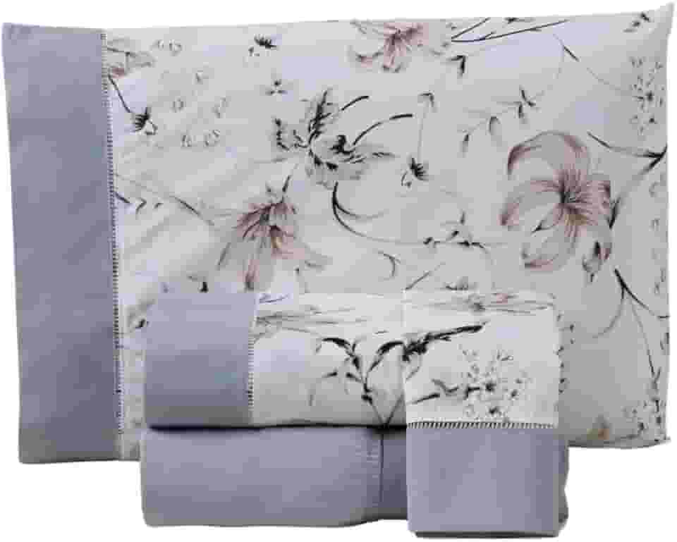 Jogo de Lençol Floral, 4 Peças, Percal 180 Fios, Estampado com Ponto Palito, Algodão/Poliéster, Casal, Queen ou King (Cinza, Casal King)