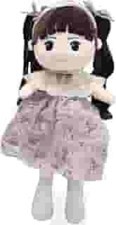 Boneca de Pano, Lica, Vestido Rosa, 45cm Lavável e Antialérgica, Cabelo com Cachos