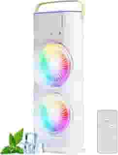 Rota da Bola® - Climatizador Ventilador Duplo Portátil 3 em 1 Controle Remoto, Umidificador, Luz LED, 3 Velocidades, Vento Forte, Silencioso, Compacto para Casa, Escritório, Quarto e Viagens - Branco