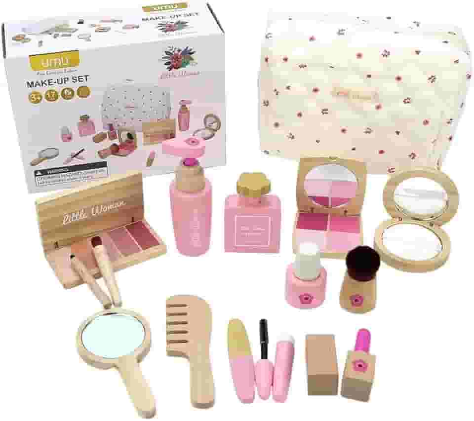 Conjunto de Maquiagem Infantil em Madeira, 17 Peças, Cosmético de Brinquedo com Estojo, Rosa e Natural, para Crianças Acima de 3 Anos, com Espelho e Pente