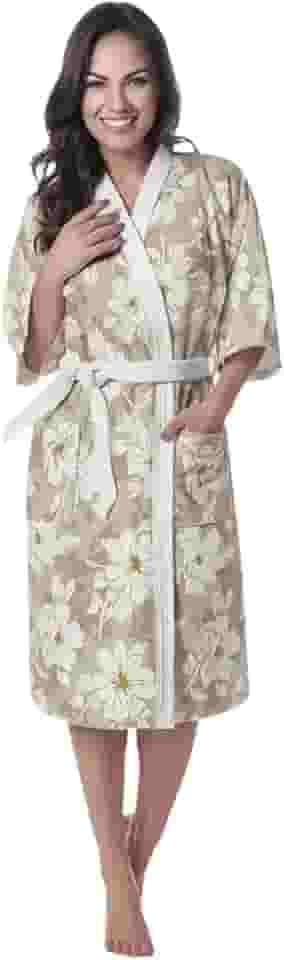 Roupão Aveludado Floral Feminino para Banho e Piscina, Tamanho GG, Bege com Flores Brancas, Material Não Puxa Fio