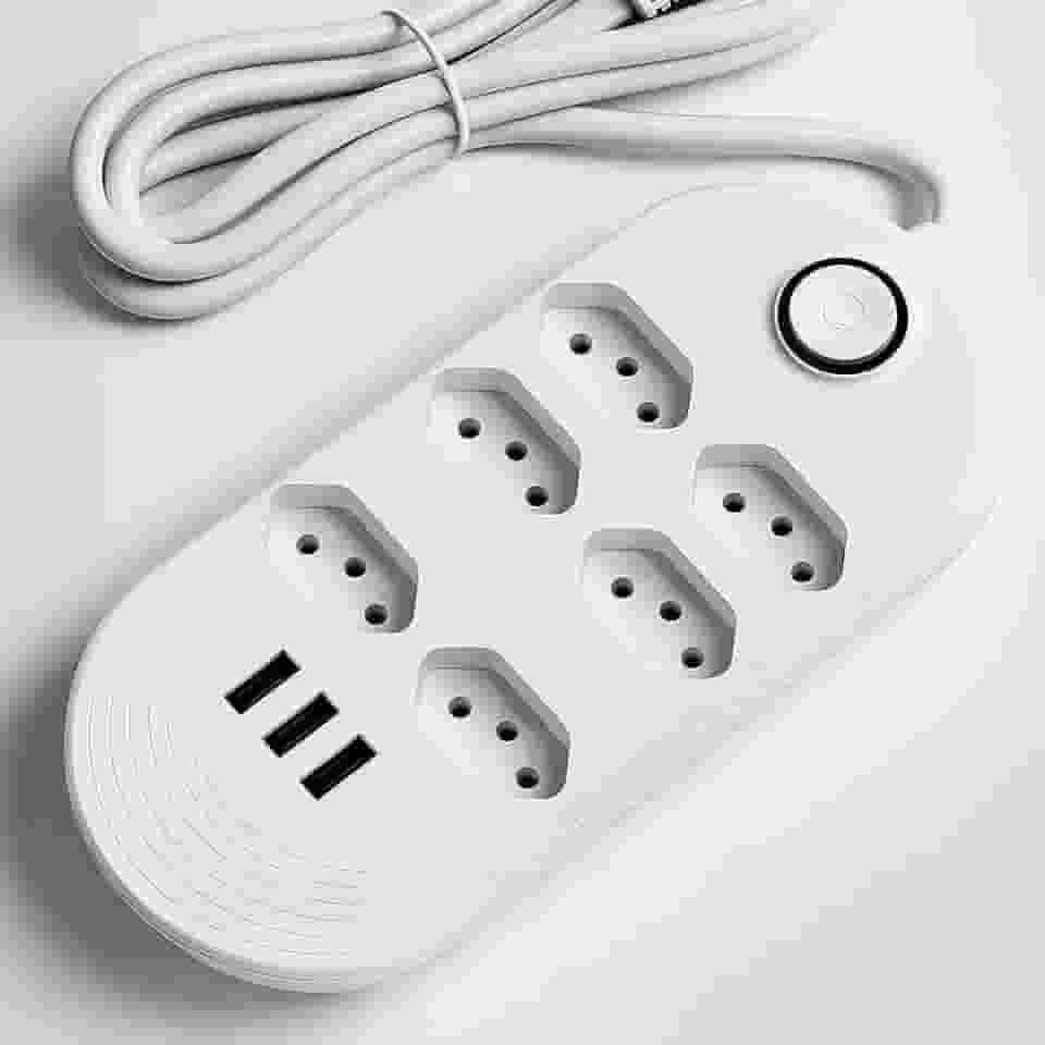 Filtro de linha extensão Elétrica 6 Tomadas + 3 Entradas USB – Bivolt, Cabo 2m, Proteção Contra Sobrecarga, Ideal para celulares, computadores, impressoras, televisão