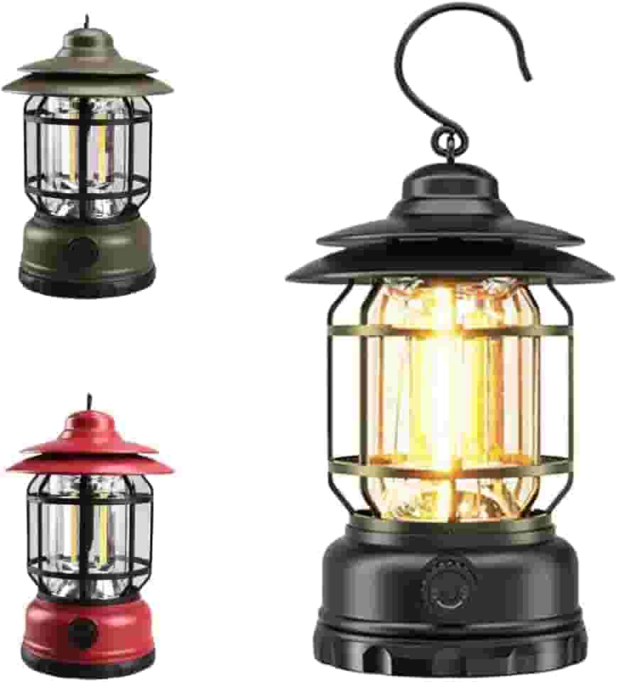 Lampião Retrô Lanterna Luminária LED Recarregável Portátil para Camping, Pesca e Acampamento, com Regulagem de Intensidade, Luz Potente, Gancho para Pendurar, Bateria de Longa Duração (Verde)