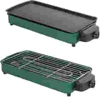 Versátil Churrasqueira Elétrica Portátil 110V Verde Ferro Inox 1500W Alta Potência Desmontável Fácil Limpeza Pouca Fumaça Controle de Temperatura Ótimo Para Casa e Acampamento