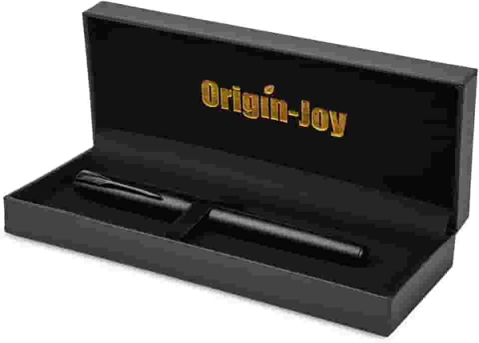 Origin-Joy Conjunto de canetas de metal de luxo, caneta profissional executiva pesada para presente agradável com 3 refis esferográficas de 0,7 mm para homens (preta, tampa e simples)