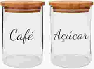 Potes Herméticos de Vidro com Tampa de Bambu 1200ml Conjunto com 2 Unidades para Café e Açúcar Transparente