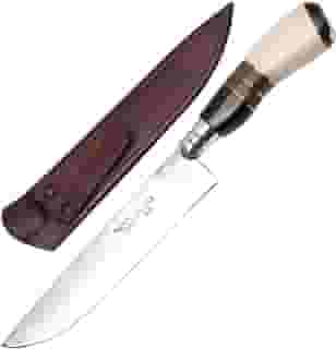Facas Gaúcha, 1008OMC, Faca Gaúcha Churrasco 8' Cabo Curvo Chifre Madeira Osso, cor Inox, Couro