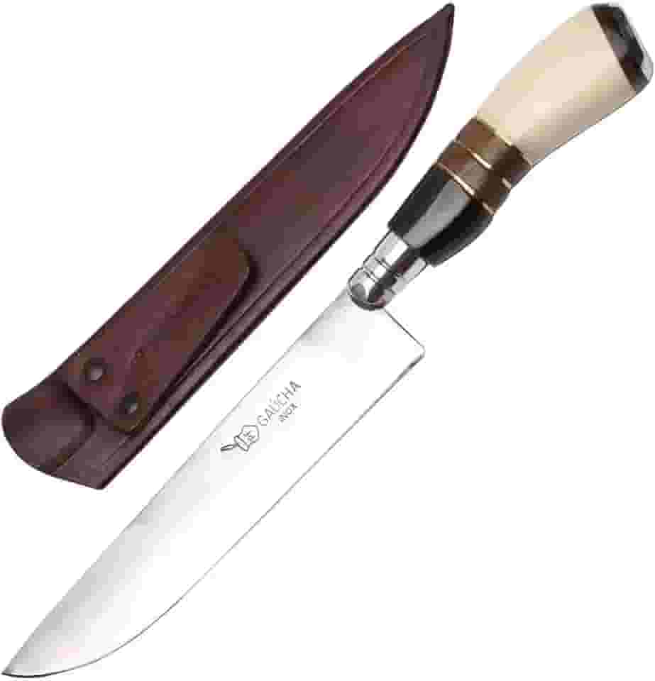 Facas Gaúcha, 1008OMC, Faca Gaúcha Churrasco 8" Cabo Curvo Chifre Madeira Osso, cor Inox, Couro