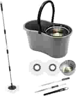Importado - Mop com Balde Giratório Cesto em Inox, 9 Litros, Esfregão para Limpeza Lava e Seca com 2 Refis de Microfibra