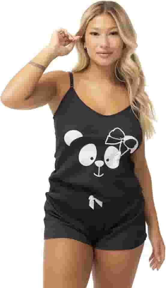 Pijama Baby Doll Curto Canelado Alça Fina Adulto Feminino Roupa de Dormir