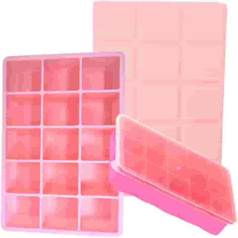 SYMEON Forma de Gelo Silicone Com Tampa Livre de BPA Flexivel 15 Cubos de 27ml Cada Prática Resistente e Reutilizável Forma Para Papinha Gelatina Frutas (FORMAGELO-ROSA)