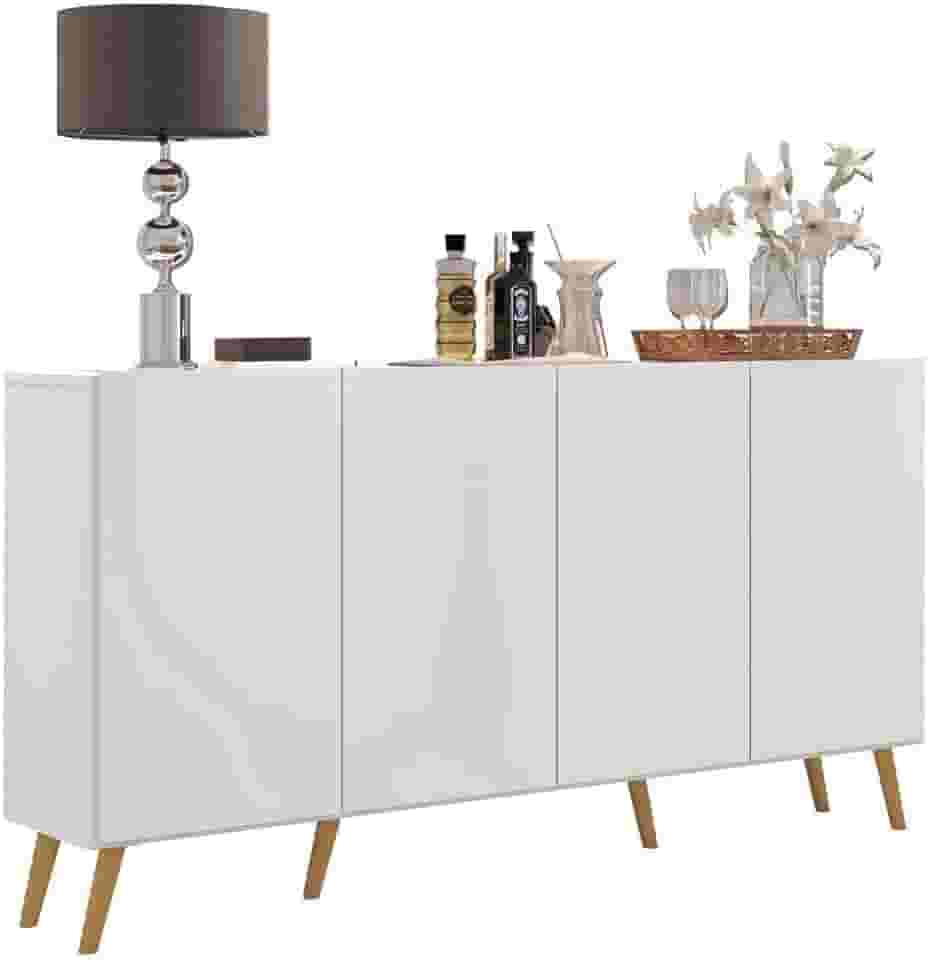 Aparador Buffet Retrô Veneza com Pés retrô e 4 Portas: Armário Organizador Multiuso (Cozinha, Sala de Jantar, Estar) - Branco Fosco - Multimóveis