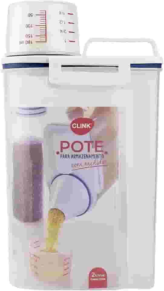 Jheppbay Pote Hermético para Armazenamento com Bico e Copo Medidor 2L - Transparente com Detalhes em Branco e Azul Escuro - 29cm Altura/15cm Largura/10cm Profundidade