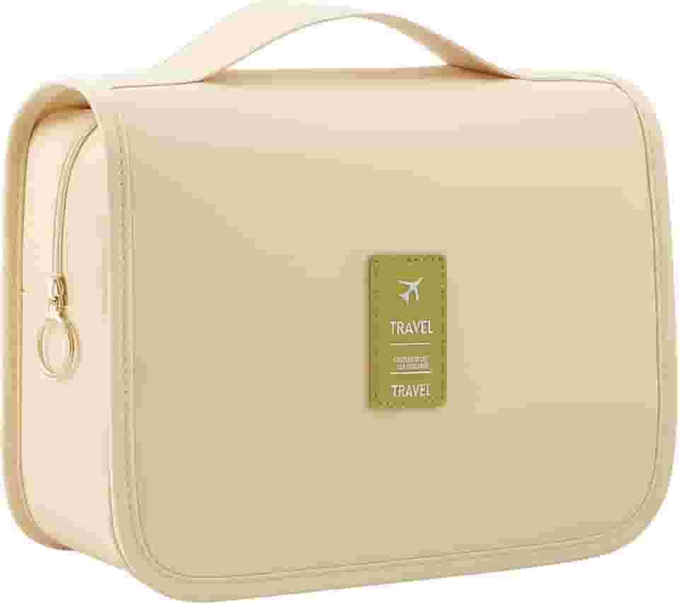 Bolsa Necessaire Maquiagem Cosméticos Feminina Viagem Com Divisória e Cabide para Pendurar Organizador de Maquiagem Muito Espaço para Maquiagem Shampoo Perfumes Higiene Pessoal (Bege)