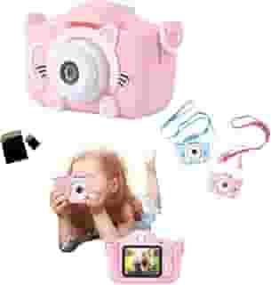 Câmera Digital Infantil Portátil 20MP Full HD, Design Gatinho, Filmadora Recarregável + Cartão de Memória 32 GB (Rosa)
