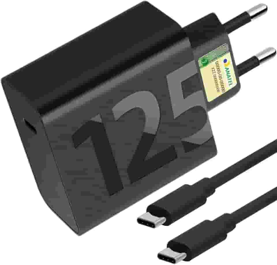 Carregador Super Turbo 125W USBC: Tipo-C 125W. Compatível com iPhones, Motorola, Xiaomi, Samsung e mais. Cabo USB-C. Ultra rápido Premium