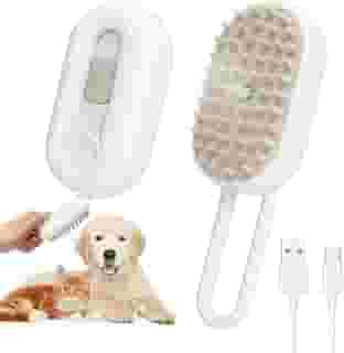 Escova Pet Vaporizada 5 em 1 p/Cães e Gatos – Recarregável USB, Cerdas de Silicone, Massageadora, Anti-Emaranhado, Alça Dobrável, Remoção de Pelos
