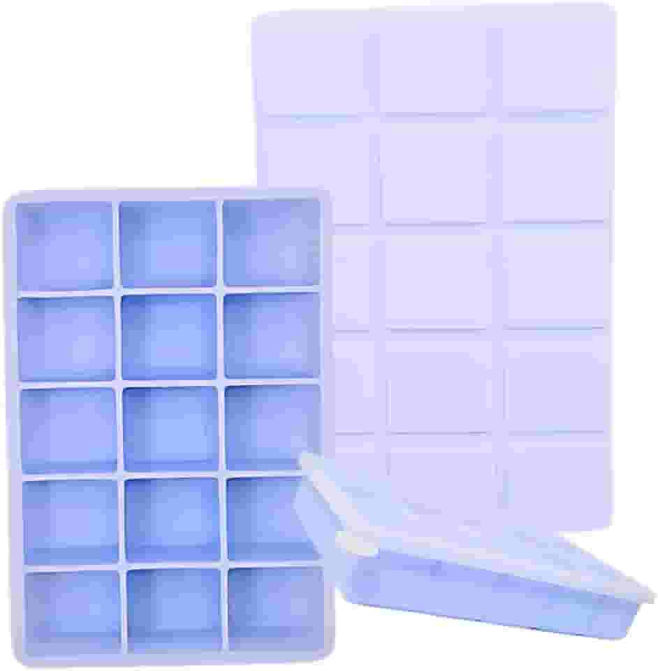 SYMEON Forma de Gelo Silicone Com Tampa Livre de BPA Flexivel 15 Cubos de 27ml Cada Prática Resistente e Reutilizável Forma Para Papinha Gelatina Frutas (FORMAGELO-AZUL)