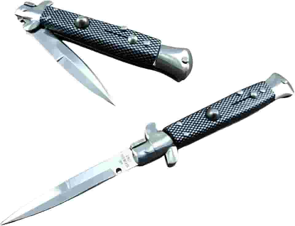 Canivete Stiletto Italiano Mafia Preto Xadrez, Cor Prateado, 1ª Qualidade