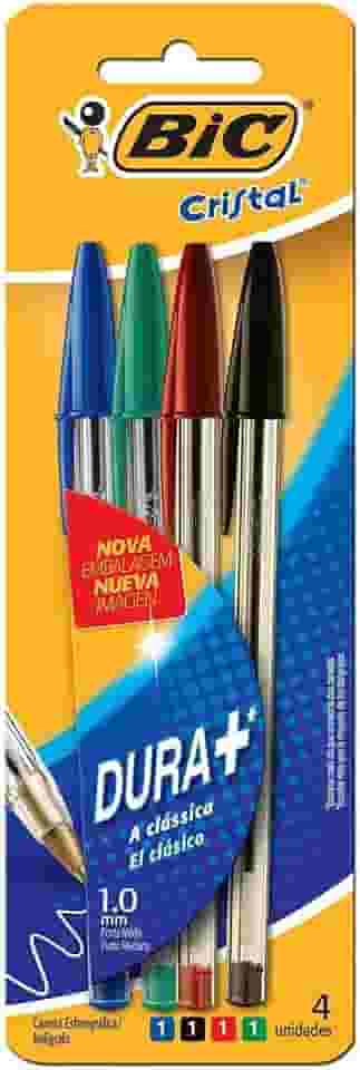 BIC, Caneta Esferográfica Escrita Média, Cristal Dura+, 4 Cores