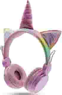 Fone de Ouvido Bluetooth Unicórnio Infantil, Sem Fio, LED Colorido, Rosa