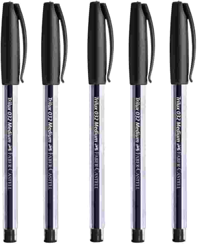 Kit C/5 Caneta Esferográfica Preta, Trilux, Ponta Média 1.0mm, Corpo Transparente, Escrita Macia. Para ENEM, Vestibular e Concurso