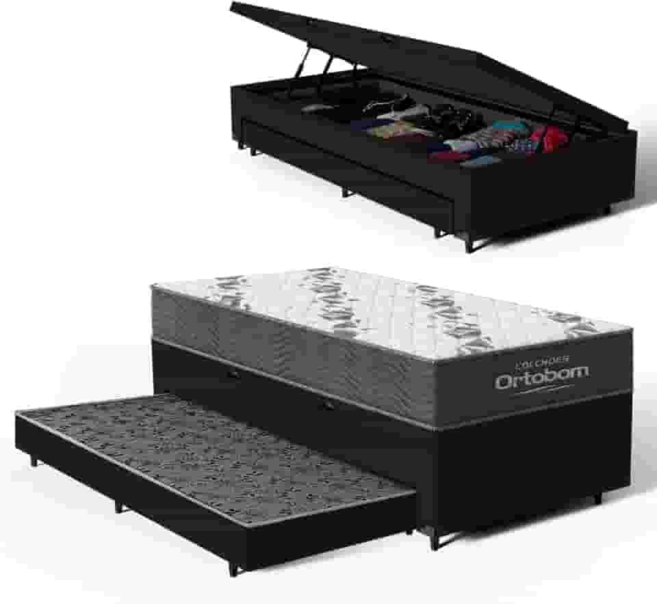 Bicama Box Baú Solteiro com Colchão de Espuma D33 Ortobom Airtech 100 + Auxiliar Unique 88cm (Preto)