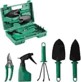 Kit de Jardinagem 5 Peças com Maleta – Completo para Cuidar do Seu Jardim | Ferramentas para Jardim | Cuidar de Plantas | Tesoura | Borrifador | Pás | Ancinho