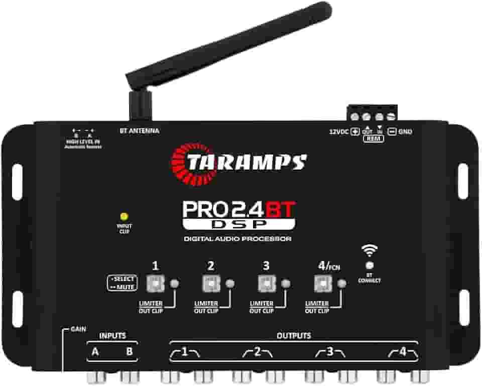 Processador de Audio Digital Taramps Pro 2.4 BT Bluetooth Som Automotivo Controle Por Aplicativo Celular Tablet Entrada Fio e RCA 4 Saidas Crossover Equalizador Grafico e Parametrico Limiter