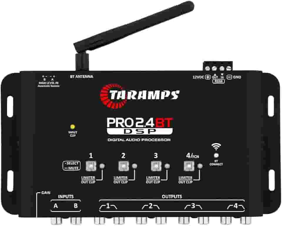 Processador de Audio Digital Taramps Pro 2.4 BT Bluetooth Som Automotivo Controle Por Aplicativo Celular Tablet Entrada Fio e RCA 4 Saidas Crossover Equalizador Grafico e Parametrico Limiter