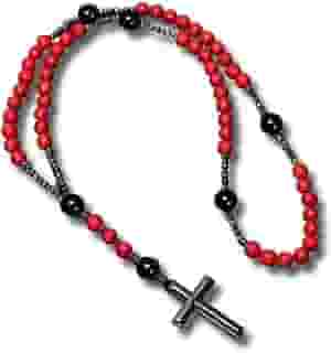 Terço Sagrado em Hematita, Coral Vermelho e Ônix - 'Premium Red' + Bolsa de Veludo