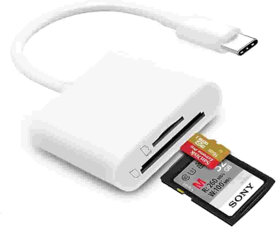 Leitor de cartão SD USB C para iPhone 15/16/17, dois compartimentos para cartões, leitor de cartão micro SD, suporta adaptador de cartão de memória SD e TF, leitor de cartão de memória Trail Camera