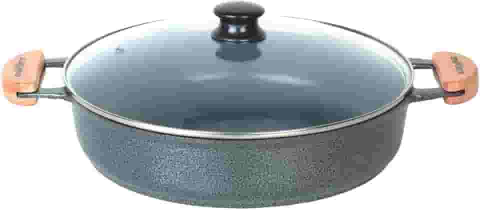 Frigideira Cerâmica Antiaderente com Tampa de Vidro, Preta, 30cm, Puxadores Pretos, Não Precisa de Óleo