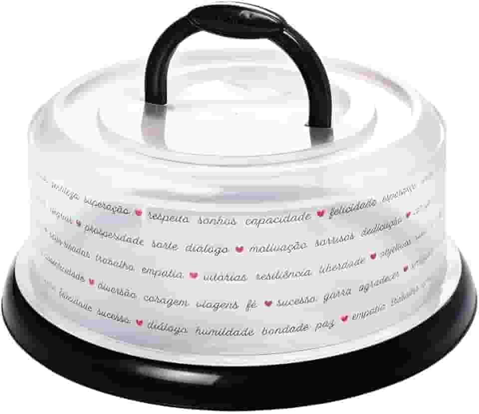 Porta Bolo Base Redonda Boleira Plástico Com Tampa De Rosca E Alça Resistente Decorada Portátil