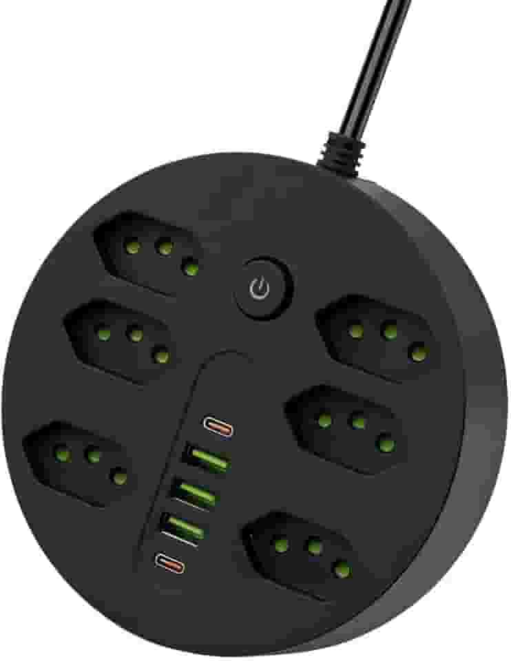 Extensão Tomada, Régua Tomada, Régua de Energia, 6 Tomadas, 3 Interfaces USB, 2 Porta USB Tipo-C, Cabo de Alimentação de 1,9 metros, Suporte a Tensão de 110-220V, Potência de 2500W, Preto (Preto)
