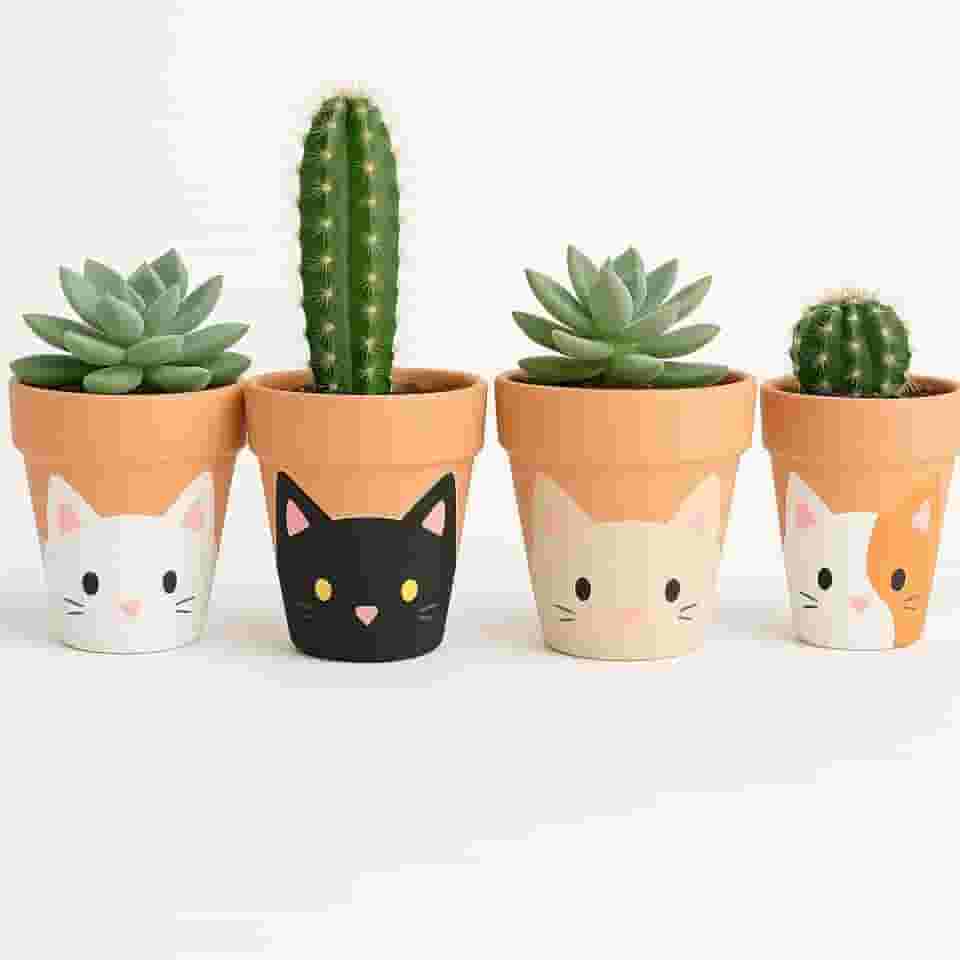 Kit 4 Vasos de Cerâmica Gatinho De Suculentas e Cactos – Decorativos, Feitos à Mão, Estilo Fofo para Jardim, Varanda ou Presente Criativo"