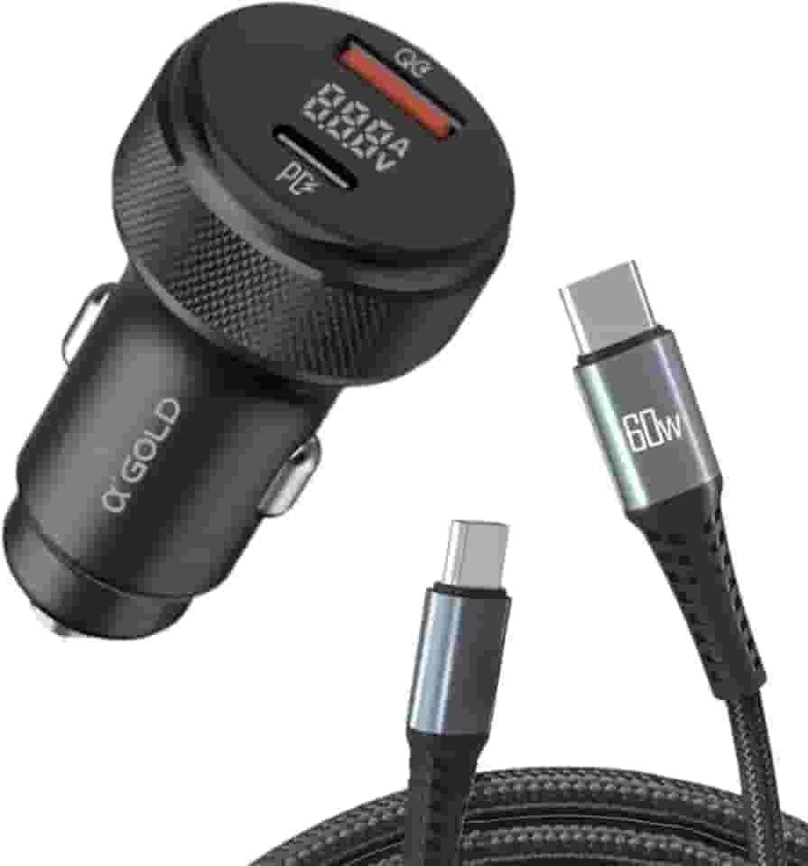 Carregador Veicular Turbo 60W – 2 USB-C Power Delivery + USB-A Quick Charge com Cabo Incluso para iOS e Android