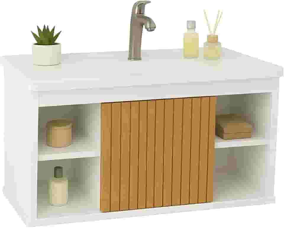 Gabinete Com Cuba Suspenso para Banheiro Nichos Com Porta Completo (Branco Ripado)