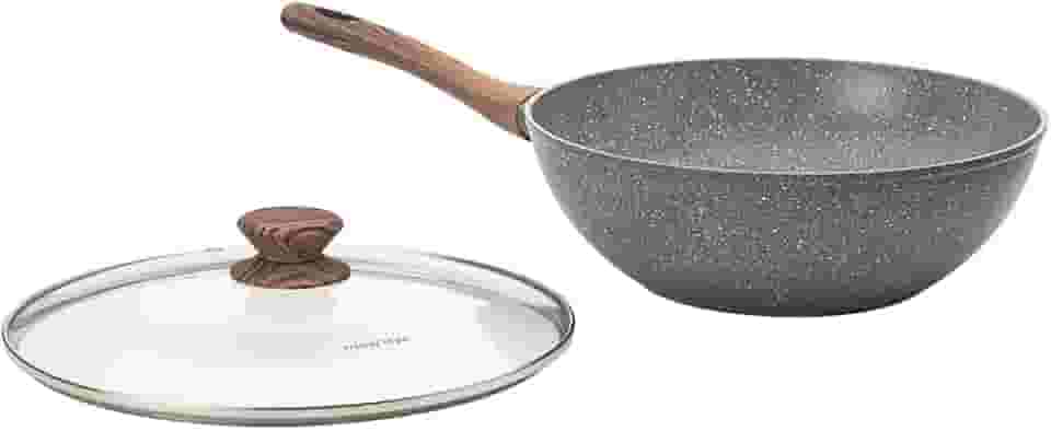Mimo Style Wok Linha Cook 28cm/4,15L - Estrutura em Alumínio Revestida em Cerâmica, Fundo de Indução. Cabo Soft-Touch, Não Esquenta. Funciona em Fogão a Gás, Elétrico e Indução (Grafito - Cinza)