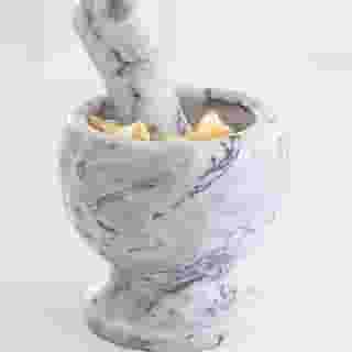 Pilão de Pedra Mármore com Socador para Moer Ervas Tempero Especiarias Alho Pimenta Cozinha Gourmet Durável Fácil de Limpar (Branco)