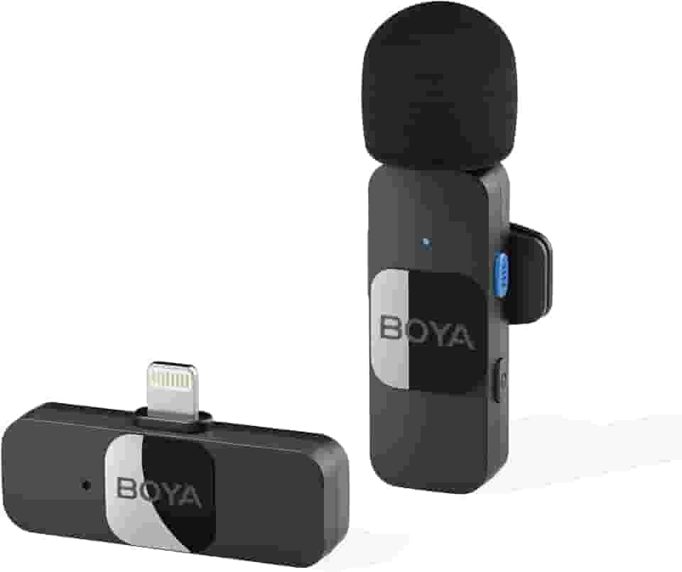 BOYA Microfone de lapela sem fio para iPhone,iPad,smartphone,minilapela,microfone,grampo,para gravação vídeo,podcast,transmissão ao vivo do YouTube (Lightning 1TX+1RX) Preto(MLS-BY-V1)