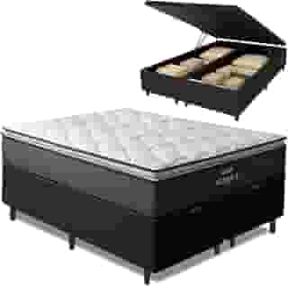 Cama Box Baú King Gazin Colchão Molas Ensacadas Com Pillow Top Tower 193x203x75cm Suporta até 120kg por Pessoa (Cinza/Preto)