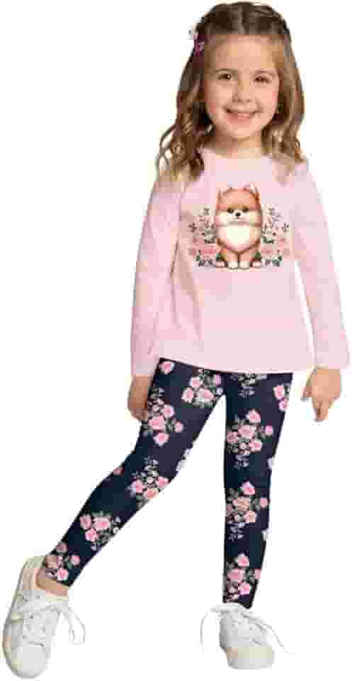 Conjunto Infantil Menina, Blusa Manga Longa Malha Cinza com Estampa de Cachorrinho, Calça Legging Floral Bordô Kyly 754