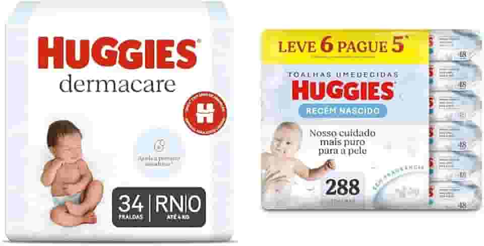 Kit Huggies Premium Dermacare Tamanho RN - 34 Fraldas + Lenço Umedecido Pure Care L6P5-288 Lenços
