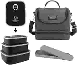 Kit 5 Pçs Bolsa Térmica + Potes Marmita + Porta Talher Preto