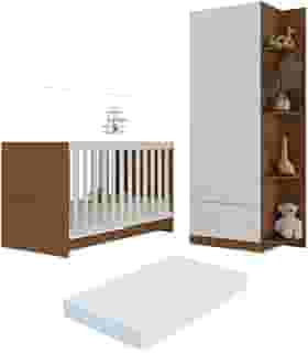 Berço 3 em 1 com Guarda-roupas 2 Portas 1 Gaveta e Colchão Incluso Doce de Leite Multimóveis Mp4242 Madeirado/branco